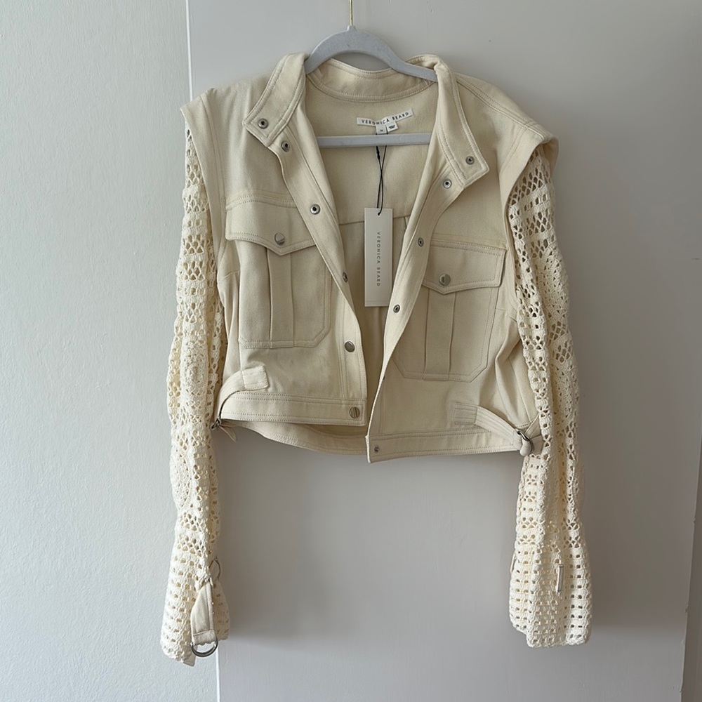 Veronica Beard Cream Jean Jacket with Textured Knit Sleeves
